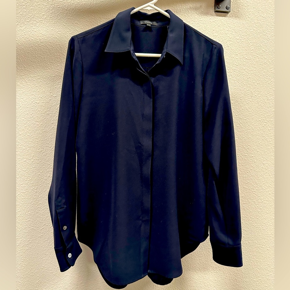 Theory navy blue long-sleeved & collared button-down blouse. Size small.